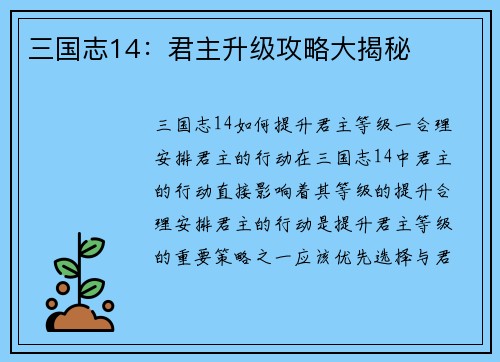 三国志14：君主升级攻略大揭秘